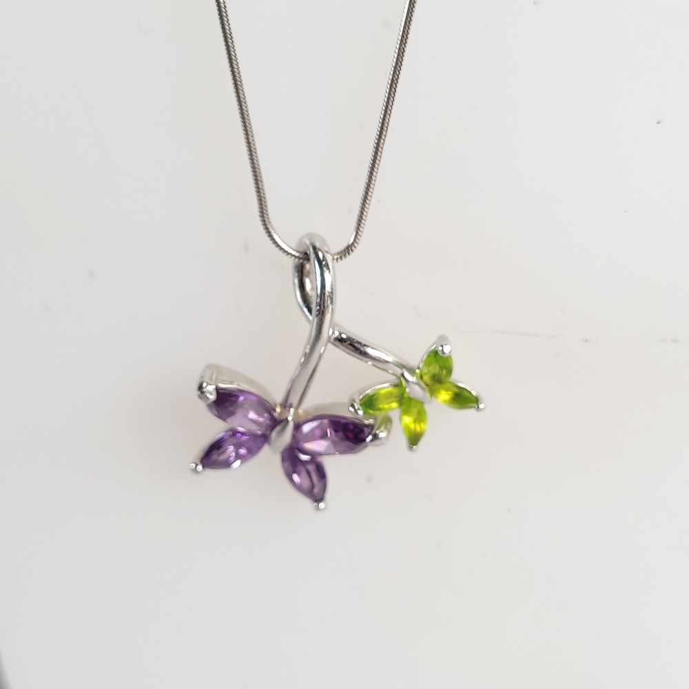 Sterling Silver Purple Green Glass Butterfly Pendant Necklace 20in Italy Chain